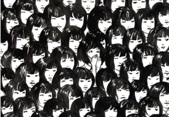 Ink illustration of a crowd of identical faces, with one person covering their mouth